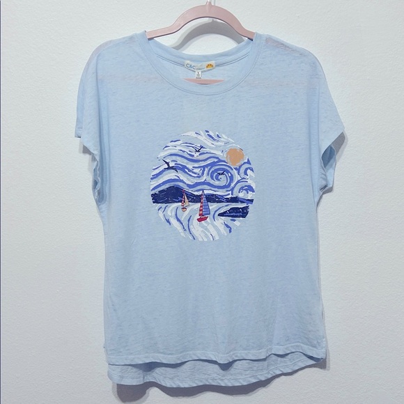 Light Blue Graphic T-Shirt with Sailboat Design - Picture 3 of 4